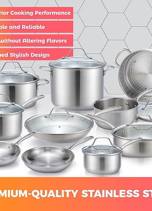 Mueller Pots and Pans Set 17-Piece, Ultra-Clad Pro Stainless Steel Cookware Set, Ergonomic EverCool Handle, Induction Cookware, Includes Saucepans, Skillets, Dutch Oven, Stockpot, Steamer For Cooking