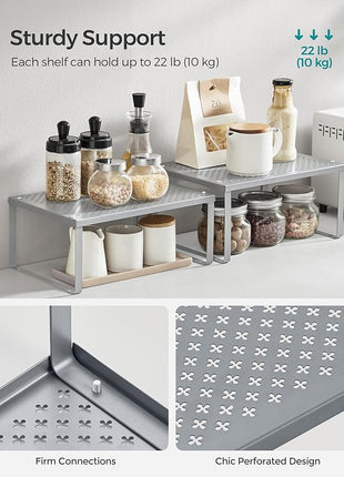 SONGMICS Spice Racks, Set of 2 Metal Cabinet Shelf Organizers, Countertop Organizers, Shelf Risers, Stackable, Expandable, Silver UKCS01SV