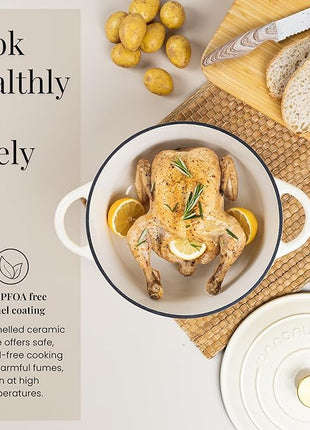 Nuovva Enamelled Cast Iron Dutch Oven Pot with Lid – 6.4 Quart Non Stick Casserole Pot – Heavy Duty & Oven Safe up to 500° F for Bread Baking, Braising, Stews, Roasting – 28cm Cream