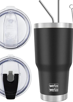 WETOWETO 30 oz Insulated Tumbler With 2 Lids and 2 Straws, Stainless Steel Double Vacuum Coffee Tumbler Cup, Powder Coated Travel Mug for Home, Office, Travel, Party (Black, 1 Pack)