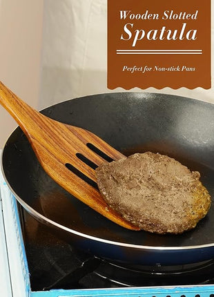 FJNATINH Wooden Slotted Spatula for Cooking, Nonstick Teak Slotted Turner, Flat Wooden Kitchen Cooking Spatula Turner for Frying Flipping Kitchen Utensil Pancake