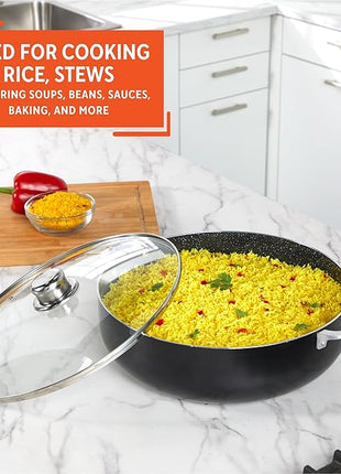 IMUSA 6.9Qt Bistro-Cera Aluminum Speckled Black Ceramic Caldero with Glass Lid, Nonstick Dutch Oven Pot for Rice, Family Meals, and Traditional Cooking, Black