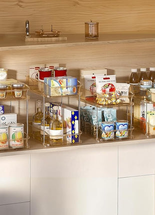 Delamu 2-Tier Under Sink Organizers and Storage, Multi-Purpose Stackable Bathroom Cabinet Organizers, Pull Out Kitchen Pantry Organization and Storage with Dividers Amber, 4 Pack