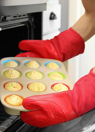 BPA-Free Silicone Oven Mitts Ultra Heat Resistant up to 500°F - Oven Mitts with Thick Cotton Liner - Long Slip Resistant Pot Holders, Flexible Oven Gloves - Canyon Red 13.7
