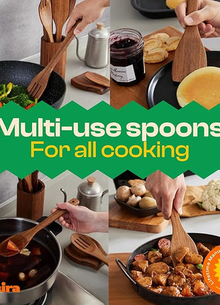 Riveira Teak Wooden Cooking Utensils Set of 9 Premium Quality Non-Toxic Wooden Spoons & Spatulas for Cooking, Stirring, Flipping & Serving