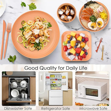 49 Pcs Dinnerware Sets for 4 People, Unbreakable Plates and Bowls Sets with Storage Box, Reusable Dinnerware Sets, Camping School Home Party Cutlery Set, Dishwasher Microwave Safe