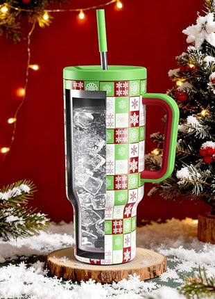 Meoky 40 oz Christmas Tumbler with Handle and Straw, Xmas Tumbler with Lid and Straw, Insulated Stainless Steel Travel Mug, Christmas Gifts for Women Men Adults (Holly Check)
