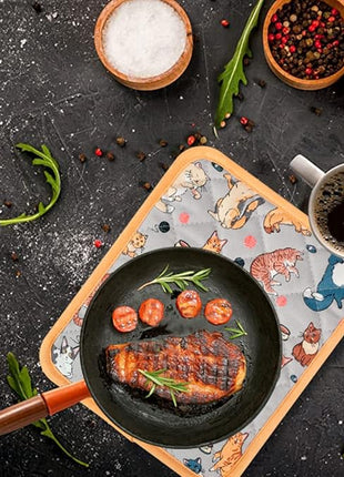 Pot Holders Set of 2 Heat Resistant 480℉ Kitchen 100% Cotton Comfortable Lining Printing Fox Flower Women Men Home Cooking Baking Microwave BBQ Gift (Cat potholder)