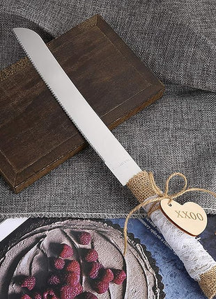 TANG SONG Rustic Style Stainless Steel Wedding Cake Knife and Serving Set Resin Plastic Handle with Twine Heart Love Wood Tag and Burlap Lace Design