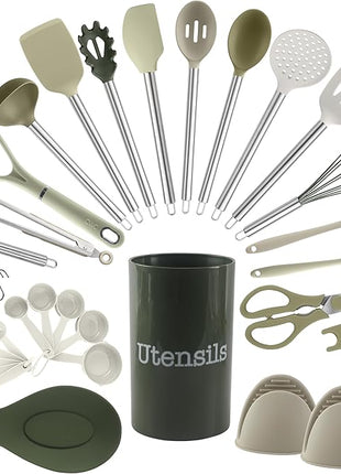 COOK WITH COLOR Silicone Cooking Utensils, Kitchen Utensil Set, Easy to Clean Silicone Kitchen Utensils, Cooking Utensils for Nonstick Cookware, Kitchen Gadgets Set, 38 Piece, Green