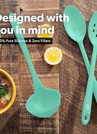 DI ORO Silicone Ladle & Spoons for Cooking – Large Kitchen Spoons for Mixing, Serving, & Stirring - Soup Ladle with Wide Bowl - High Heat Silicone Kitchen Utensils for Nonstick Cookware Safe (Mint)