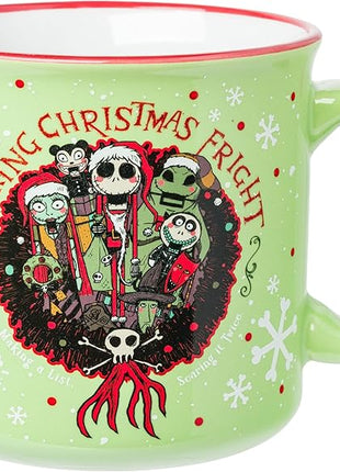 Silver Buffalo Disney Nightmare Before Christmas Making Christmas Fright Featuring Jack Skellington, Sally, Oogie Boogie, Shock, Barrel, and Scary Teddy Ceramic Camper Mug, 20 Ounces