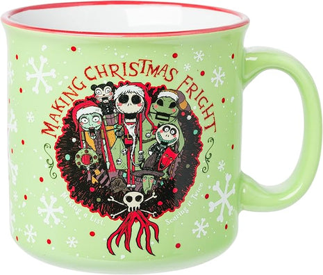 Silver Buffalo Disney Nightmare Before Christmas Making Christmas Fright Featuring Jack Skellington, Sally, Oogie Boogie, Shock, Barrel, and Scary Teddy Ceramic Camper Mug, 20 Ounces