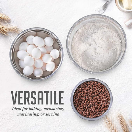 OVENTE Mixing Bowl Set with Lids, 3-Piece Stainless Steel Nesting Bowls for Easy Food Storage, Stackable Design, Kitchen Essential for Baking, Cooking and Prepping, Size 5, 3.5, 1.5QT, Silver BM46333S