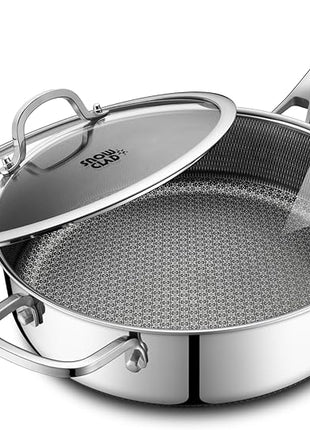 Frying Pans Nonstick with Lid,Hybrid Non Stick 5 Quart Saute pan,PFOA Free Cookware,Stainless Steel skillet,12 inch Deep Saute Pan,Dishwasher&Oven Safe,Works on All Cooktops