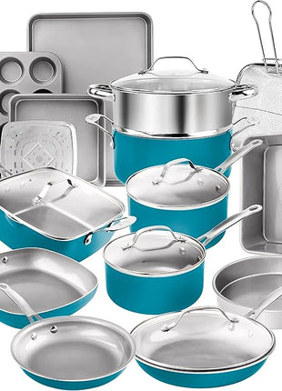 Gotham Steel 20 Piece Pots and Pans Set Nonstick Cookware Set, Pot and Pan Set, Kitchen Cookware Sets, Ceramic Cookware Set, Ceramic Pots and Pans Set, Pot Set, Dishwasher Safe, Aqua Blue