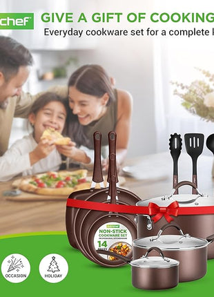 NutriChef 14-Piece Nonstick Brown Cookware Set - Scratch-Resistant Kitchen Pots and Pans with Lids & Utensils, For All Cooktops - NCCW14SBR
