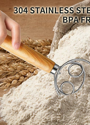 TEEVEA Danish Dough Whisk Stainless Steel Dough Hook Dutch Whisk for Sourdough Bread Dough Mixer Hand Wooden Handle Kitchen Whisking Mixing Tool Bread Making Tools and Supplies