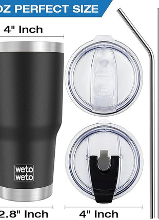 WETOWETO 30 oz Insulated Tumbler With 2 Lids and 2 Straws, Stainless Steel Double Vacuum Coffee Tumbler Cup, Powder Coated Travel Mug for Home, Office, Travel, Party (Black, 1 Pack)