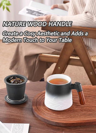 ZENS Tea Mug with Infuser and Lid for Loose Leaf Tea Steeper, 16.9oz Embossed Ceramic Tea Cup with Fine Tea Strainers, Wood Handle Large Diffusers Mugs for Tea Lovers Gifts