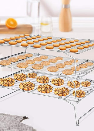 P&P CHEF Cooling Rack, 5-Tier Stainless Steel Stackable Baking Cooking Racks for Cooling Roasting Grilling, Collapsible & Heavy Duty, Oven Safe & Easy Clean, 15" x 10", Silver