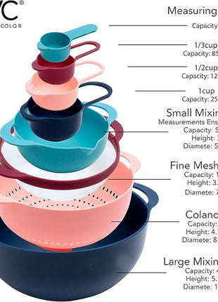 COOK WITH COLOR Nesting Bowls with Measuring Cups Colander and Sifter Set - Includes Mixing Bowls, Colander, Sifter and Measuring Cups, Navy, 8 Pc Bowl
