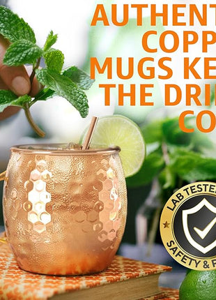 Benicci Moscow Mule Copper Mugs - Set of 2, 100% HANDCRAFTED - Food Safe Pure Copper Solid Mugs - 16 oz Gift Set with Premium Quality Cocktail Straws, Straw Cleaning Brush and Jigger!