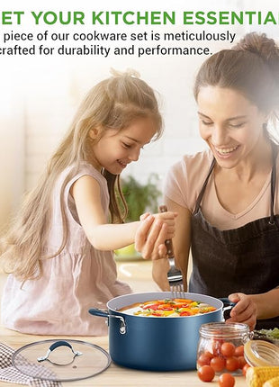 NutriChef 14-Piece Navy Blue Nonstick Cookware Set - Durable Pots and Pans Set with Lids & Utensils, Compatible with All Cooktops