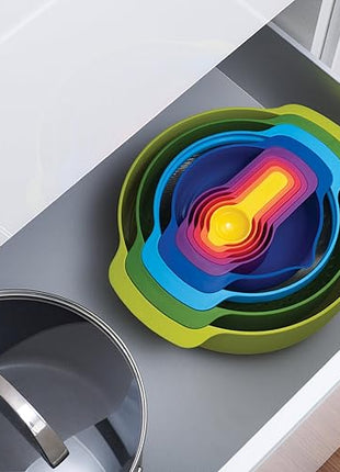 Joseph Joseph Nest 9 Plus, 9 Piece Compact Food Preparation Set with Mixing Bowls, Measuring cups, Sieve and Colander, MultiColor