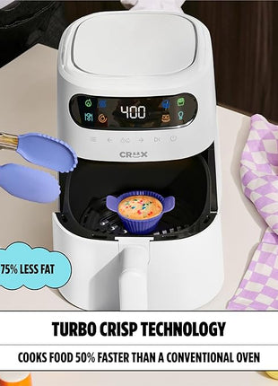 CRUX x Marshmello 3.0 QT Digital Air Fryer with TurboCrisp Technology, Touch Screen Temperature Control, Timer and Auto Shut-off, Fully Programmable, Silicone Cupcake Molds Included, White