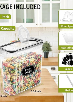Skroam 8PCS Cereal Containers Storage [4L/135.2 oz], Airtight Food Storage Containers with Pour Spout for Kitchen & Pantry Organization Storage, Plastic Cereal Dispensers, Measuring Cup & 20 Labels