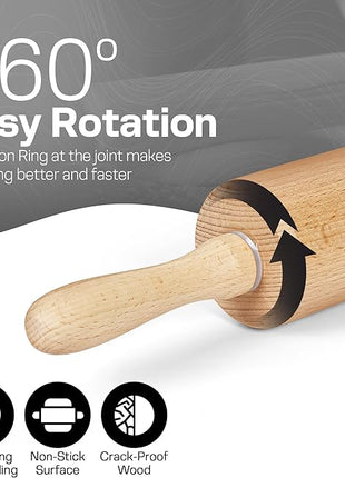 Wooden Rolling Pin 17.6 Inch with Rotating Ergonomic Handles – Classic Beech Wood Dough Roller for Baking Pizza, Pastry, Bread, and Cookies