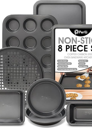 Perlli Baking Pan 8 Piece Set Nonstick Carbon Steel Gray Oven Safe Bakeware Kitchen Set, Cookie Sheet, 2 Round Cake Pans, Square Pan, Loaf Pan, Deep Dish Pan, Pizza Crisper, & 12 Cup Muffin Pan