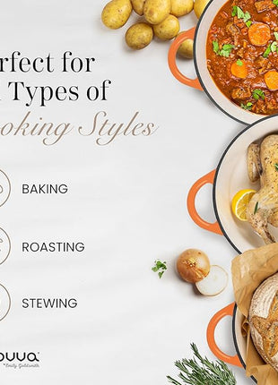 Nuovva Enamelled Cast Iron Dutch Oven Pot with Lid – 6.4 Quart Non Stick Casserole Pot – Heavy Duty & Oven Safe up to 500° F for Bread Baking, Braising, Stews, Roasting – 28cm Orange