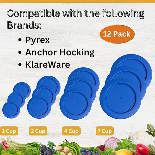 1, 2, 4 & 7 Cup Blue Replacement Lids/Covers for Pyrex, Anchor Hocking & KlareWare Storage Bowls *Lids Only Glass Container Not Included* (12 Pack *Three of Each Size*)