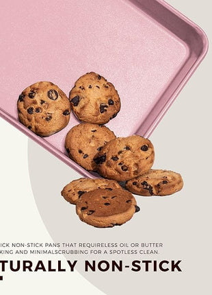 KITESSENSU Baking Pans Sets, Nonstick Bakeware Sets 7-Piece with Round/Square Cake Pan, Loaf Pan, Muffin Pan, Cookie Sheet, Roast Pan, Cooling Rack, Carbon Steel Bake Set Pink