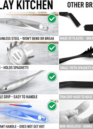Zulay Kitchen Stainless Steel Spaghetti Server - 12” Pasta Fork with Teeth & Draining Holes - Rust-Resistant Pasta Spoon for Noodles & Pasta - Dishwasher Safe Utensil for Everyday Use
