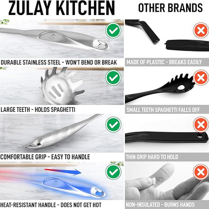 Zulay Kitchen Stainless Steel Spaghetti Server - 12” Pasta Fork with Teeth & Draining Holes - Rust-Resistant Pasta Spoon for Noodles & Pasta - Dishwasher Safe Utensil for Everyday Use