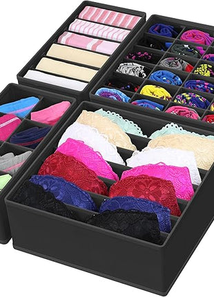 Simple Houseware 4-Pack Drawer Organizer Set - Closet Dividers for Underwear, Socks, Bras, Scarves, Ties - Foldable Non-Woven Storage Boxes, Black