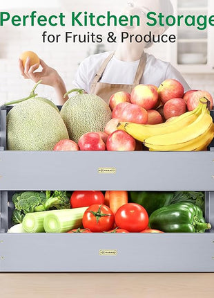 HABAU Wood Potato Onion Storage Bins - Wooden Stackable Produce Basket - Fruit Vegetable Storage for Kitchen Pantry Organization, Set 2 Pieces