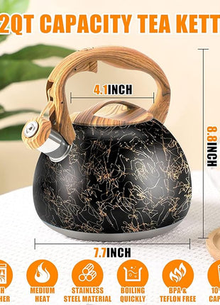 3.2Qt Whistling Tea Kettle for Stove Top, Food Grade Stainless Steel Wood Handle Teapot, Durable for Brewing Coffee, Tea, Milk, Suitable for All Heat Sources (Golden line)