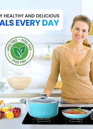 Mueller 16-Piece Non-Stick Stone Cookware Set with Steamer and Glass Lids, Turquoise