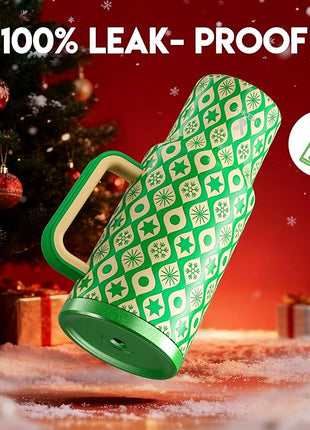 Meoky 40 oz Christmas Tumbler with Handle and Straw, Xmas Tumbler with Lid and Straw, Insulated Stainless Steel Travel Mug, Christmas Gifts for Women Men Adults (Emerald Cheer)