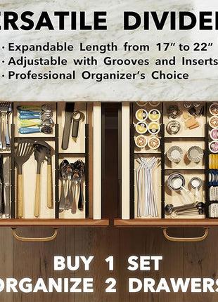 SpaceAid Bamboo Drawer Dividers with Inserts and Labels, Kitchen Adjustable Drawer Organizers, Expandable Organization for Home, Office, Dressers, 10 Dividers with 24 Inserts (17"-22" Black)