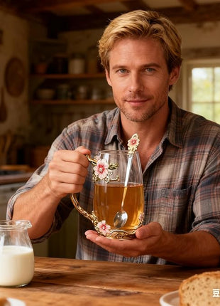 Handicraft Crystal Glass 3D Flower Cups Tea Mug With Tea Spoon Women Coffee, Tea, Juice, Beer, Milk Hot And Cold Drinks Use Gift Package. (Red-Tal)