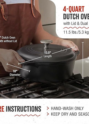 Victoria 4-Quart Cast Iron Dutch Oven with Lid and Dual Loop Handles, Seasoned with Flaxseed Oil, Made in Colombia,Black