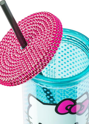 Silver Buffalo Sanrio Hello Kitty Blue Polka Dot Plastic Cold Cup with Rhinestones Lid and Straw, 20 Ounces