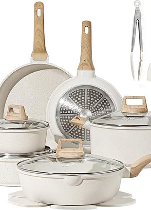 CAROTE 16 Piece Pots and Pans Set Nonstick, White Granite Cookware Sets Induction Cookware, Non Stick Cooking Set w/Frying Pans & Saucepans (PFOS, PFOA Free)