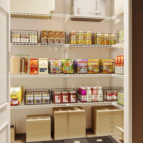 X-cosrack Metal Wire Basket Organizers Foldable & Wall Mounted Freezer Organizer Bins with Handles 4 Pack- Extra Large Mesh Bin for Pantry Organization Kitchen Laundry Closet Garage Patent Design