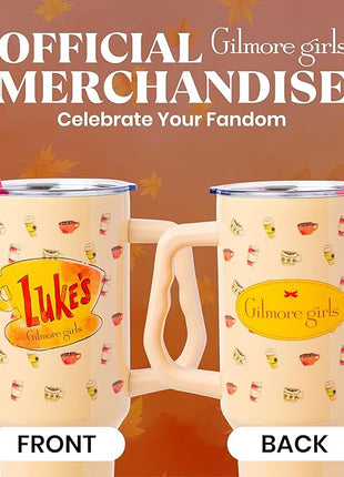 Silver Buffalo Gilmore Girls Luke's Diner Stainless Steel Tumbler with Handle and Straw, Fits in Standard Cup Holder, 40 Ounces